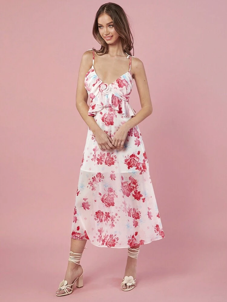 Women's Summer Floral Print 3d Flower Decoration Ruffle Hem Cami White Dress, For Vacation