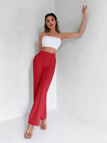 EURMUSE Solid Seam Front Straight Leg Suit Pants - Red - View 3