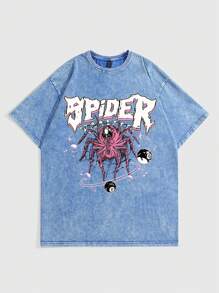 ROMWE MEN Street Life 万圣节、学校用男式蜘蛛与字母印花 T 恤 - 藍色 - 查看 1