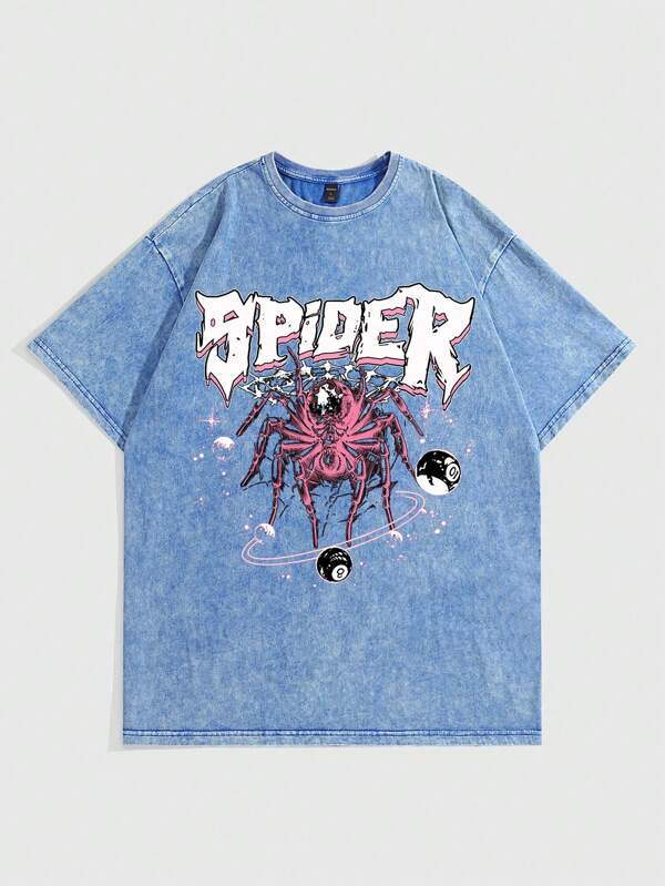 ROMWE MEN Street Life تي شيرت تي شيرت للرجال مطبوع بالعنكبوت والحرف لعيد الهالوين، المدرسة