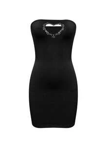 LovelyWholesale Summer Crystal Decor Heart Hollow Out Bandeau Bodycon Dress - Black - View 7