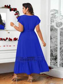 Cravure Plus Size Solid Color Lace Patchwork Ruffle Hem Dress For Summer Maxi Women Outfit Wedding