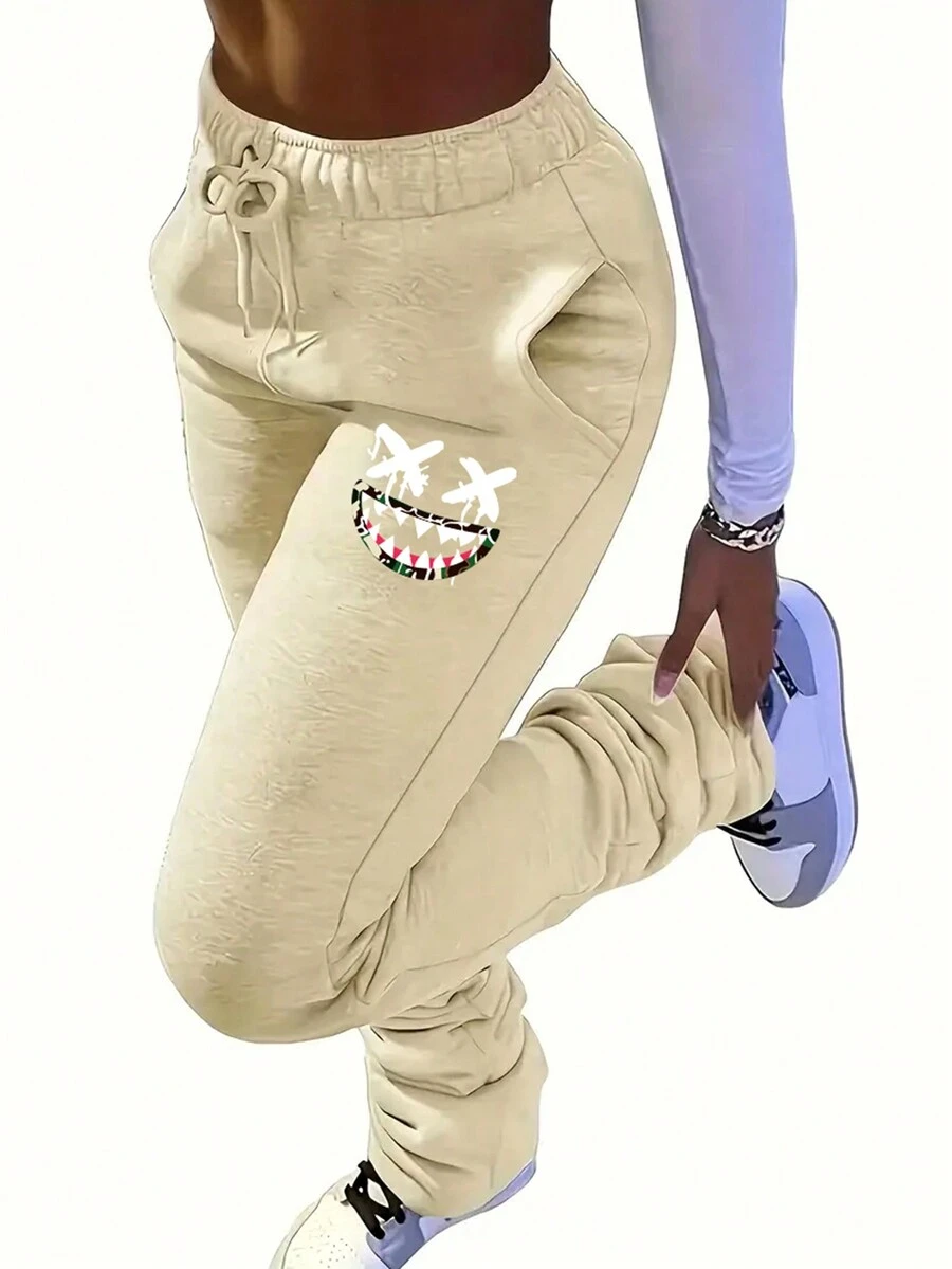 INAWLY Quần thể thao có dây rút in hình hoạt hình cho nữ Túi xéo thể thao & quần thể thao thông thường - Màu be - Xem 1