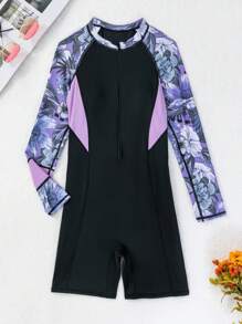Swim SPRTY Summer Beach Contrast Tropical Printed Long Sleeve One-Piece Rashguard - Multicolor - View 6