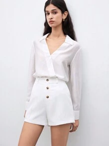 SHEIN Unity Women's Solid Color V-Neck Collar Shirt - White - View 2