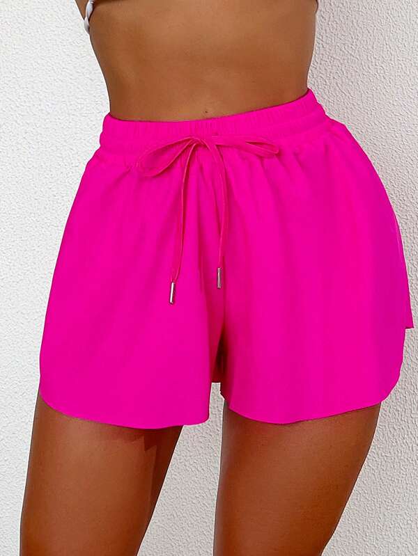 Swim Basics Summer Beach Women's Fashionable Solid Color Drawstring Waist Shorts