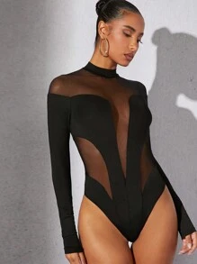 Hauture Bodysuit mit Stehkragen, transparentem Meshpanel und langen Ärmeln