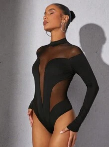 Hauture Bodysuit mit Stehkragen, transparentem Meshpanel und langen Ärmeln