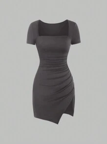 Sweetra 女士簡約純色短袖平口中長裙 - 灰色 - 查看 1