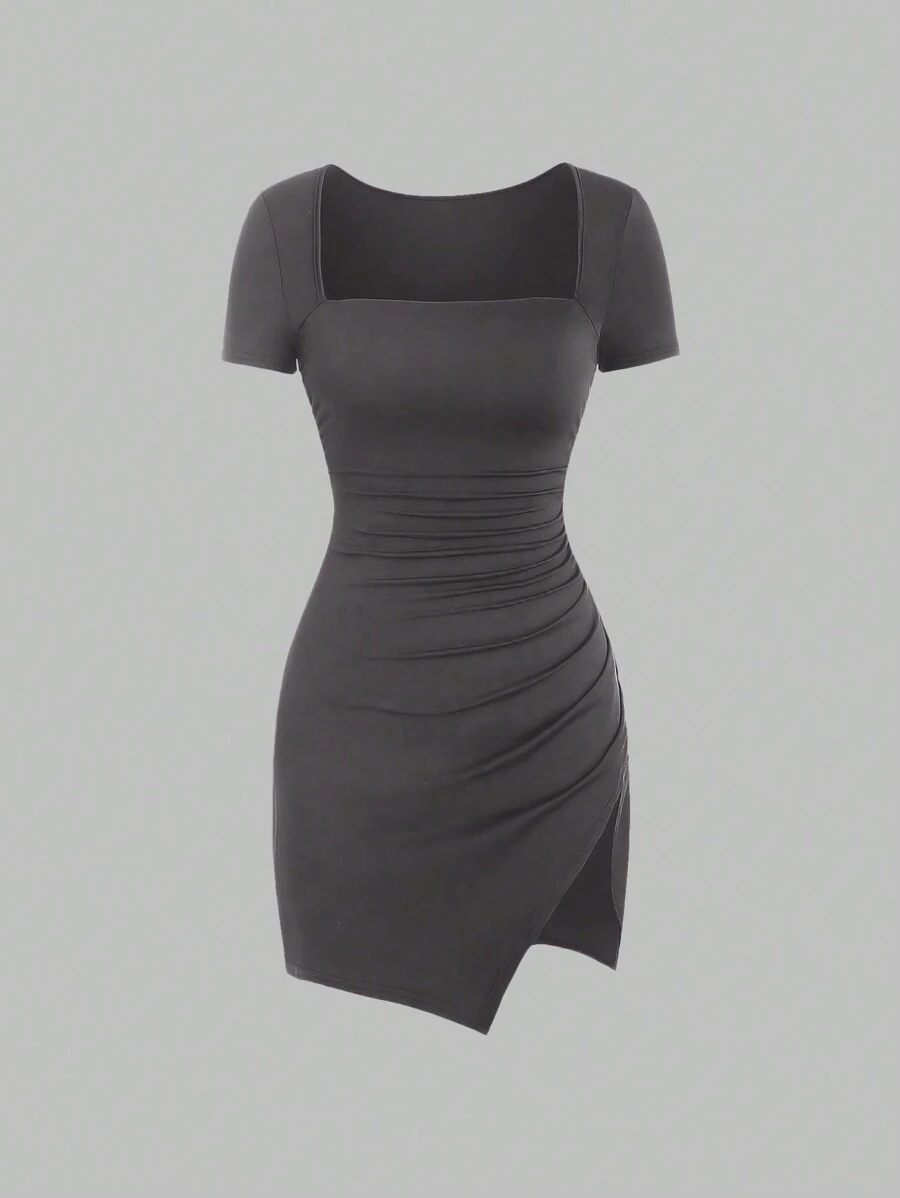 Sweetra 女士簡約純色短袖平口中長裙 - 灰色 - 查看 1