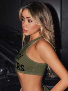 SHEIN ICON 夏季字母印花修身型短襯衫背心上衣 - 軍綠色 - 查看 3