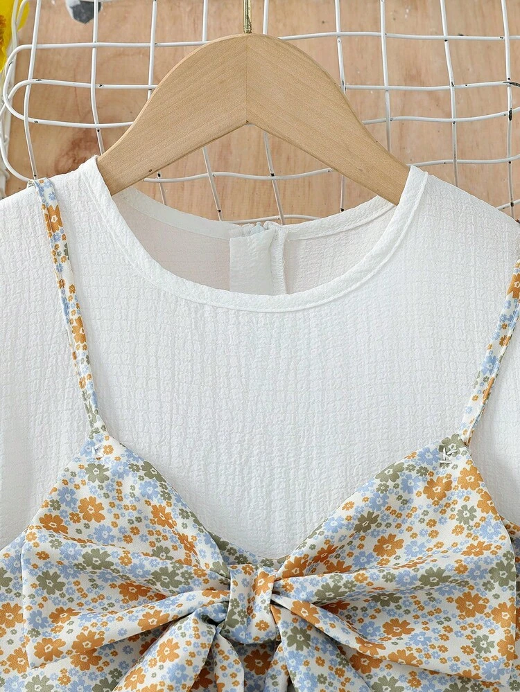 Tween Girls' Summer 3d Bow Floral Print Spaghetti Strap Tank Top And Short Puff Sleeve Bubble Hem Dress