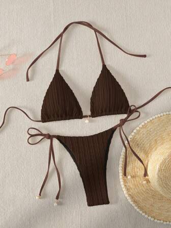 SHEIN Swim Summer Beach Women's Solid Color Halter Neck Tie Bra & Swim Bottom Two-Piece Bikini Set Bathing Suit For Beach Vacation