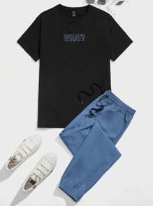 Manfinity VCAY 男士字母印花針織短袖t恤和長褲套裝