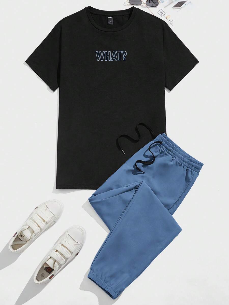 Manfinity VCAY 男士字母印花針織短袖t恤和長褲套裝