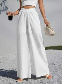 SHEIN Essnce 白色女士套裝寬鬆高腰寬鬆女褲休閒褲亞麻褲 - 白色 - 查看 5