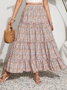 SHEIN VCAY Women's Ditsy Floral Long Skirt For Holiday - Multicolor - View 4