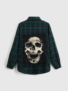 ROMWE PUNK Kpop Grunge Tartan And Skull Print Drop Shoulder Shirt,Long Sleeve Tops - Multicolor - View 1