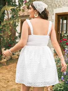Dreamara White Embroidered Texture Fabric, Waistband Lace, Romantic Vacation, Plus Size Women's Summer Princess Style A-Line Dress With Flutter Sleeves Corset Dress Party Women Dresses Women Dresses Short Formal Dress Birthday Teens Dress White Midi Dress Pleated Dress Spring Dress Junior Dresses White Women Outfits Embroidered Country Concert Embroidered Lace Romantic Vacation Pleated Dress