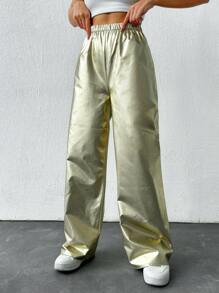 EURMUSE Women's Metallic Elastic Waist Straight Pants - Gold - View 3