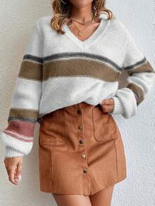 EURMUSE Color Block V Neck Drop Shoulder Sweater - Multicolor - View 3