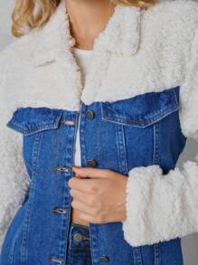 SHE(IN) BRASIL 拼接絨毛翻蓋細節牛仔夾克 - 深色水洗藍 - 查看 7