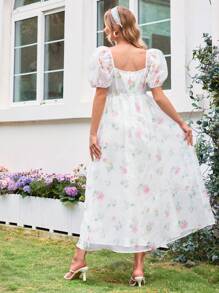 SHEIN 孕妇浪漫花园甜心领泡泡袖中长连衣裙 - 白色 - 查看 2