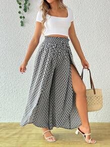 SHEIN Maternity Loose High Waist Wide Leg Pants With All-Over Print For Summer - Navy Blue - View 4