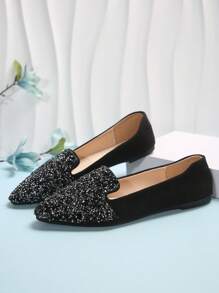 Giày bệt mũi nhọn họa tiết nhiều màu sắc cho nữ, Giày lười thường ngày ngoài trời mùa thu mới, Giày lười đế mềm thời trang, Giày lười đa năng thoải mái, Thiết kế họa tiết ngẫu nhiên cho ngày lễ tình nhân, Giày bệt múa ba lê - màu đen - Xem 7