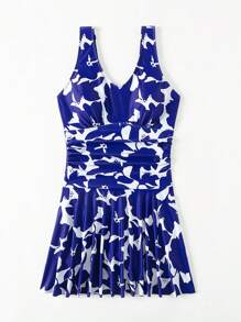 Swim Lushoire Summer Beach V-Neck Dress Swimsuit, Random Print Swim Dressblue Floral Dress