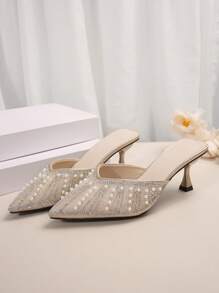 Spring Autumn New Korean Style Simple Rhinestone & Faux Pearl Pointed Toe High Heel Shoes, Rhinestone Women's Stiletto Mules Suitable For Business, Commuting, Party,Elegant,Women Pumps,Elegant - Champagne - View 5