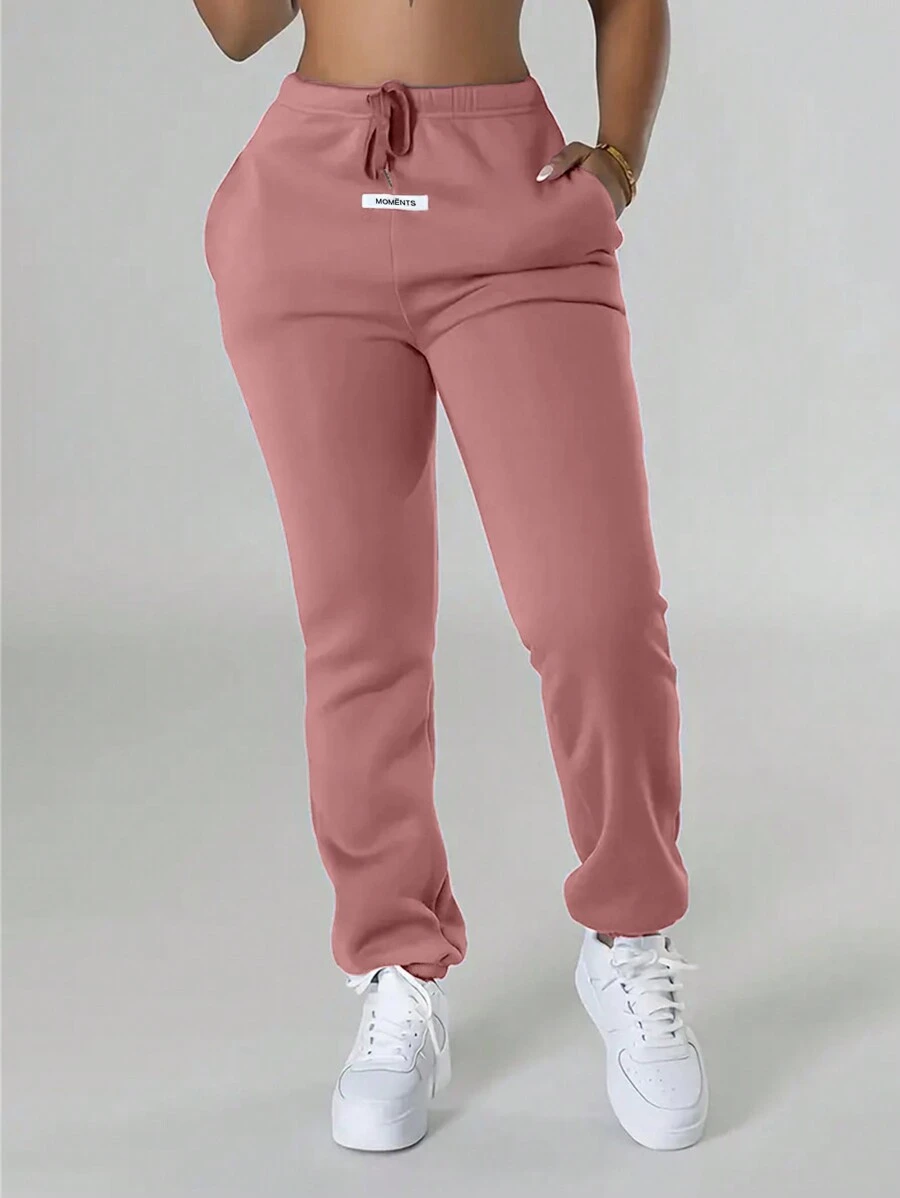 SHEIN 女式字母图案抽绳腰带口袋慢跑运动裤 - 珊瑚粉 - 查看 1