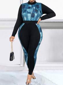 Maweii Plus Size Denim Effect Splicing Long Sleeve Skinny Jumpsuit - Multicolor - View 5