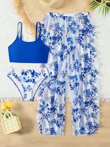 Tween Girl Blue Ditsy Floral Bikini Set Summer Beach - Multicolor - View 8