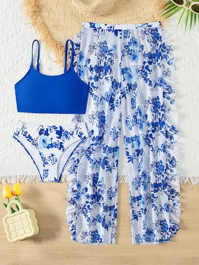 Conjunto de bikini floral azul de verano para niña preadolescente