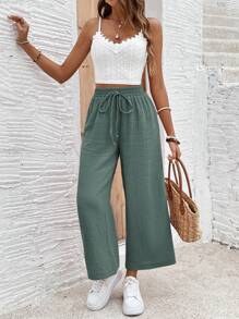 SHEIN Frenchy Ladies' Summer Contrast Lace Crop Top With Spaghetti Strap And Pants Casual Two-Piece Set Green - Dark Green - View 3