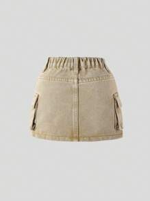 SHEIN Young Girl Casual Loose Simple Multi-Pocket Denim Skirt