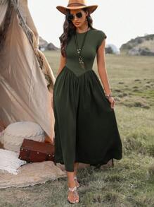 SHEIN LUNE Vestido casual largo de manga corta con cuello redondo para mujer, atuendo maxi de verano para mujeres - Verde militar - Ver 1