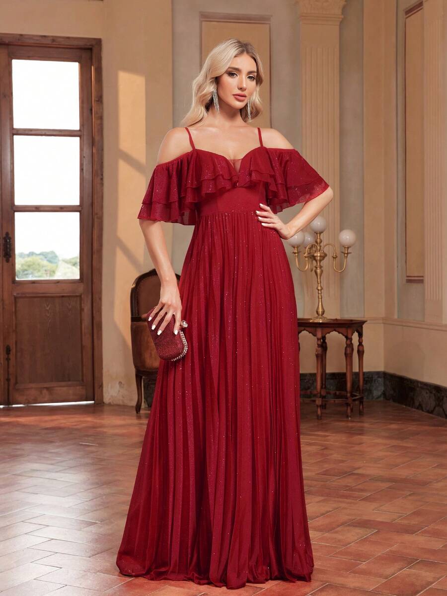 XUIBOL Robe de banquet élégante pour femmes en couches multiples froncées avec dentelle trimée et bretelles spaghetti (modèle robuste)