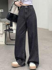 Dazy Designer Women's Solid Color Zipper Fly Wide Leg Denim Pants