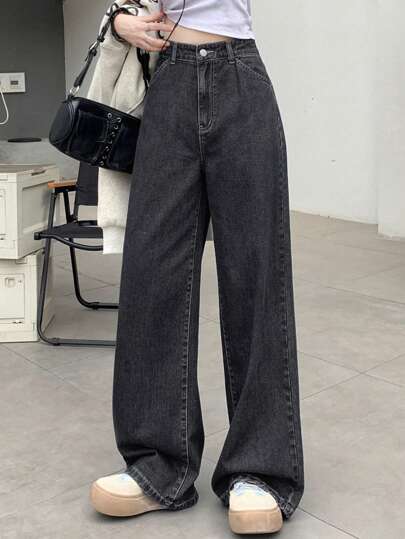 Dazy Designer Women's Solid Color Zipper Fly Wide Leg Denim Pants Women Jeans