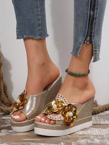 女款楔形跟厚底涼鞋,2024夏季新款鑲有水鑽,防水平台,高跟,大尺碼全配羅馬鞋款 - 金色 - 查看 3