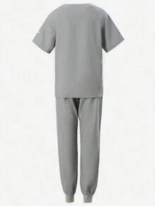 V-Neck Short Sleeve Pocket Top And Long Pants Scrub Uniform Set - Grey - View 2