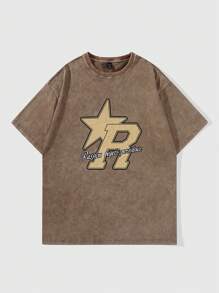 ROMWE MEN Prep 男式星星和口号印花 T 恤，学校 - 咖啡棕 - 查看 1