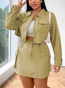 Flirla Áo khoác hai mảnh màu trơn cỡ lớn có khóa kéo phía trước, túi có nắp, viền dây rút và váy - Màu Khaki - Xem 4