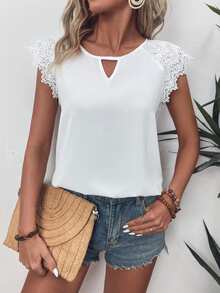 SHEIN LUNE Women's Summer Casual Loose Fit Shirt With Keyhole Neckline, Burn-Out Floral Embroidery And Raglan Sleeves - White - View 5