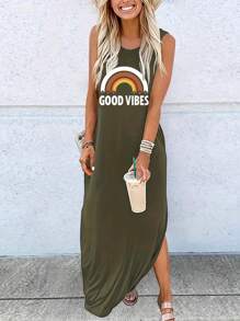 INAWLY 女士時尚彩虹條紋無袖連衣裙 - 綠色 - 查看 1