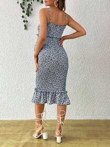 SHEIN Maternity Summer Casual Small Flower Print Ruffled Hem Cami Dress - Blue - View 2