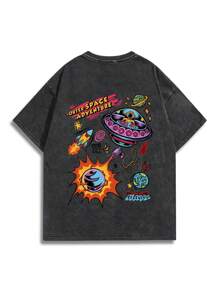 Lsscid Camiseta de manga corta con estampado de dibujos animados de espacio lavado oscuro para hombre, adecuada para el uso diario durante la primavera y el verano, 100% algodón - Negro - Ver 1