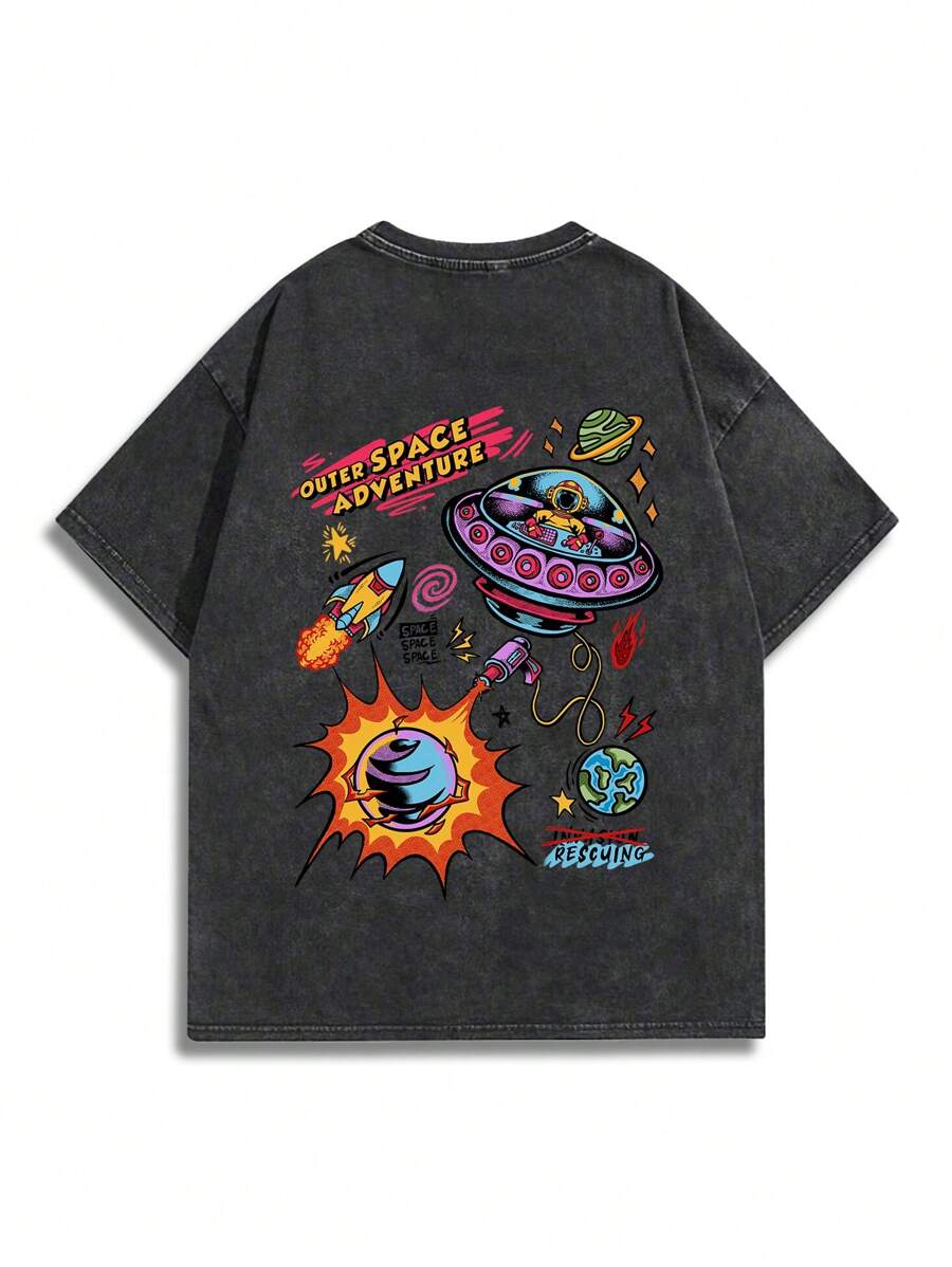 Lsscid Camiseta de manga corta con estampado de dibujos animados de espacio lavado oscuro para hombre, adecuada para el uso diario durante la primavera y el verano, 100% algodón - Negro - Ver 1